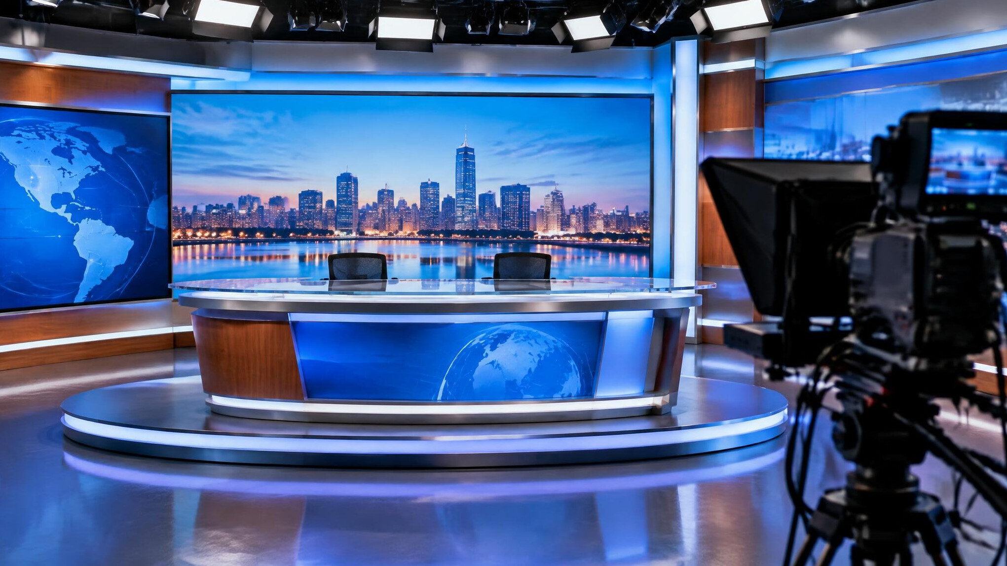 TV studio set with anchor desk and camera before a live broadcast