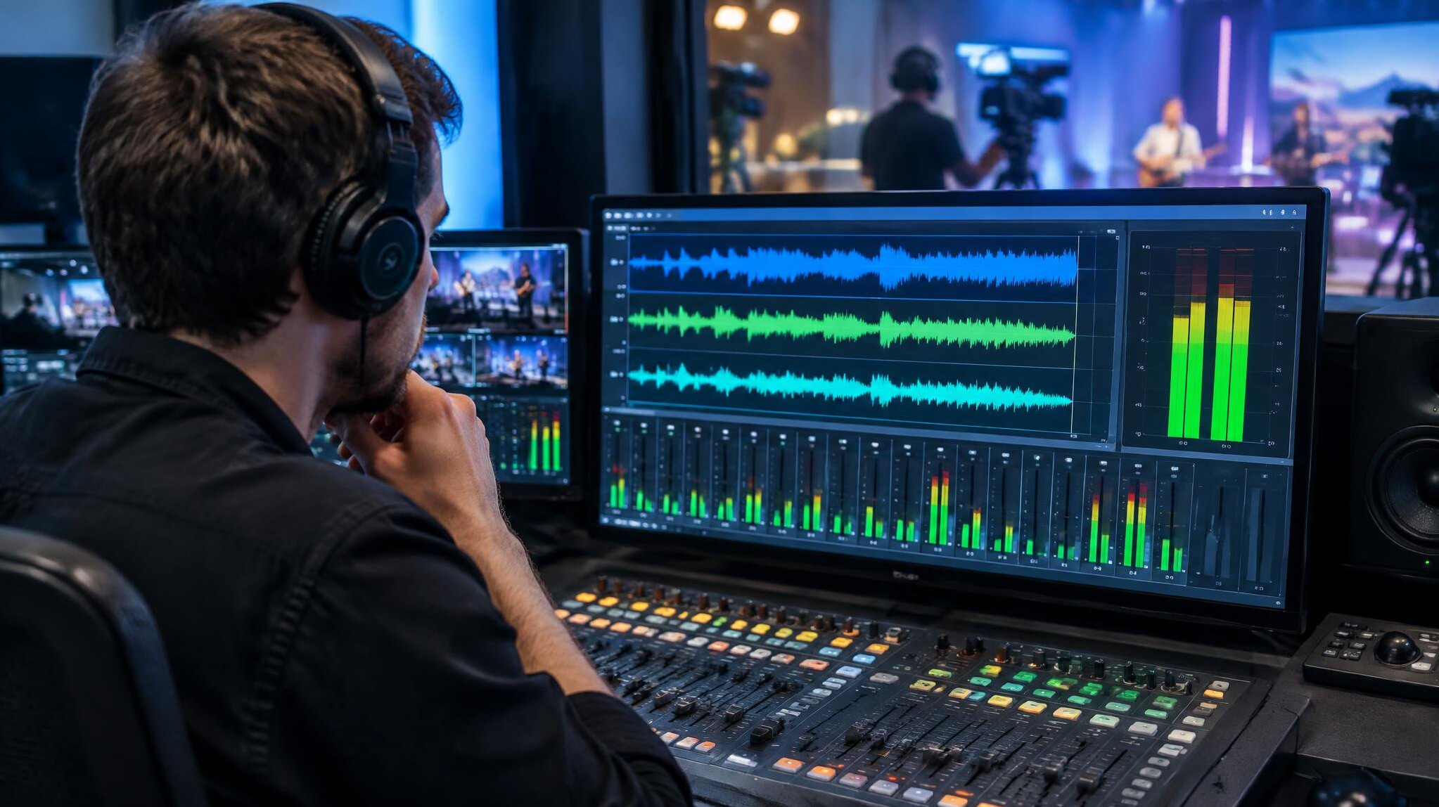 Sound engineer monitoring audio waveforms on a screen