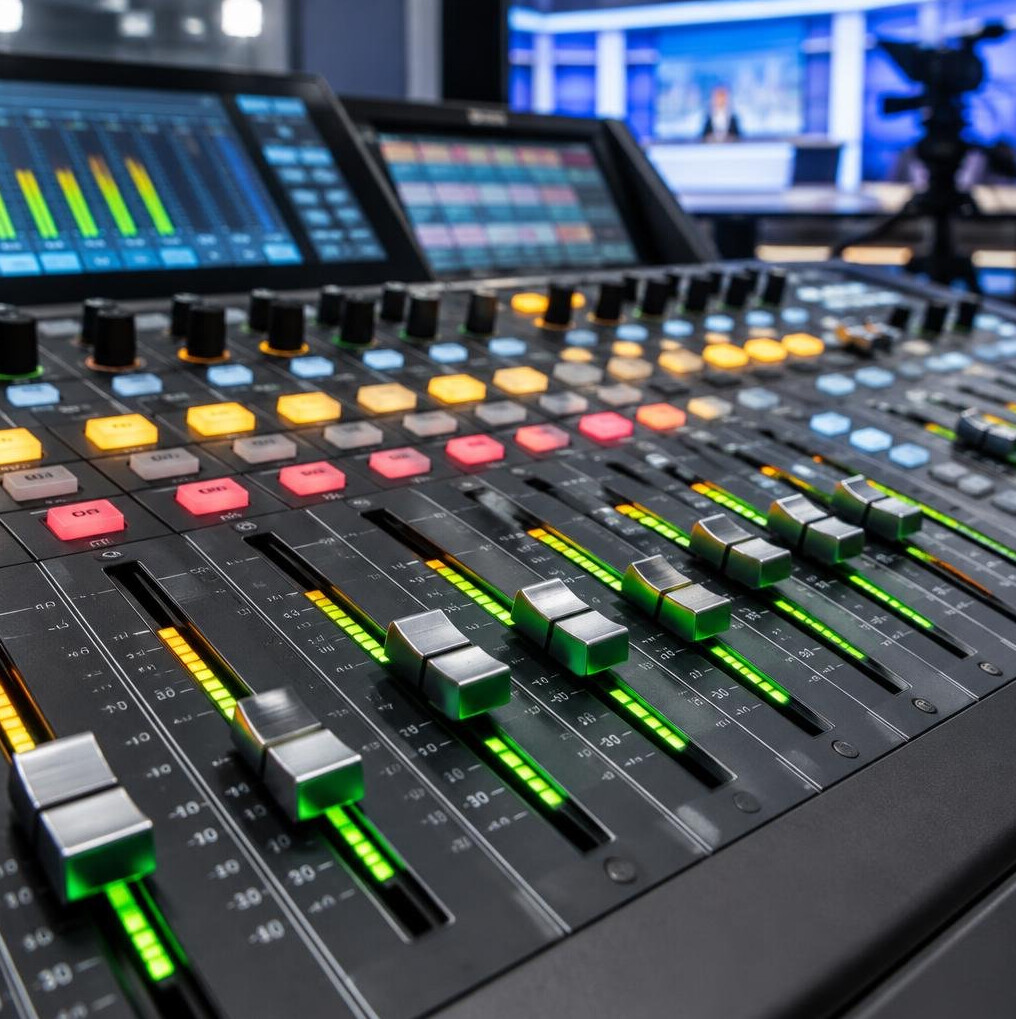 Audio mixing console in a broadcast studio