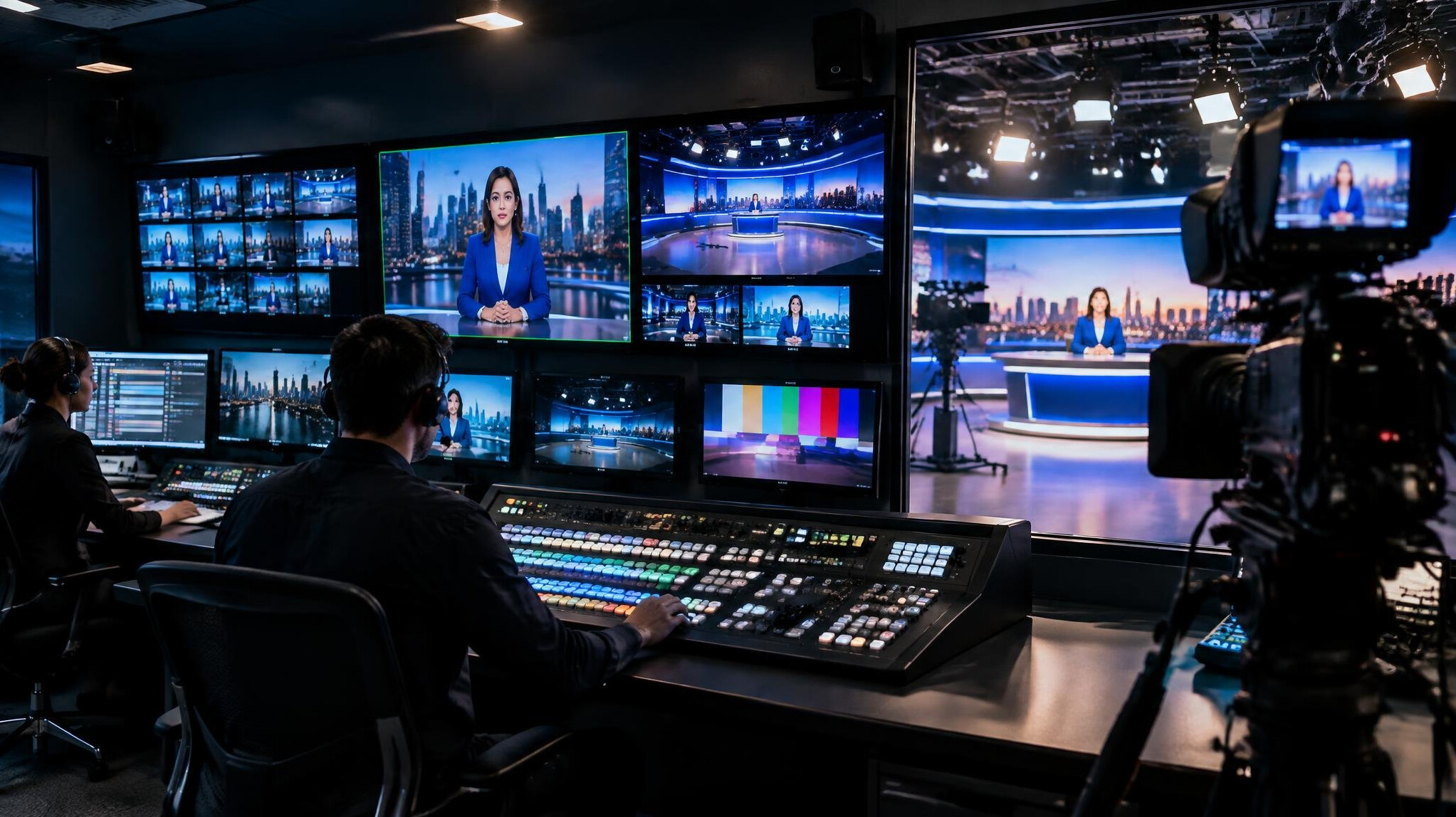 TV studio control room with camera and monitors during live broadcast