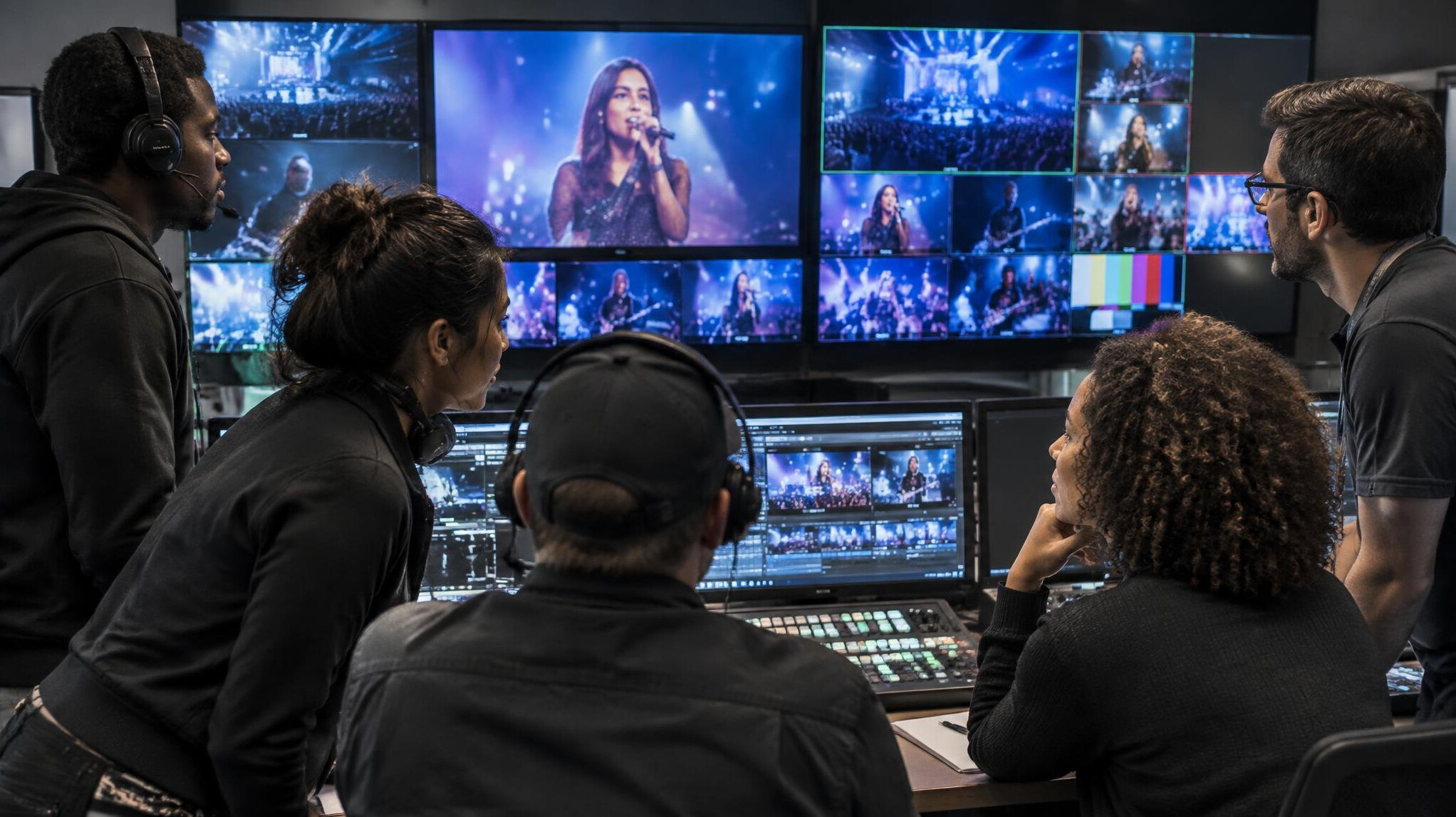 Production crew reviewing footage on a monitor wall