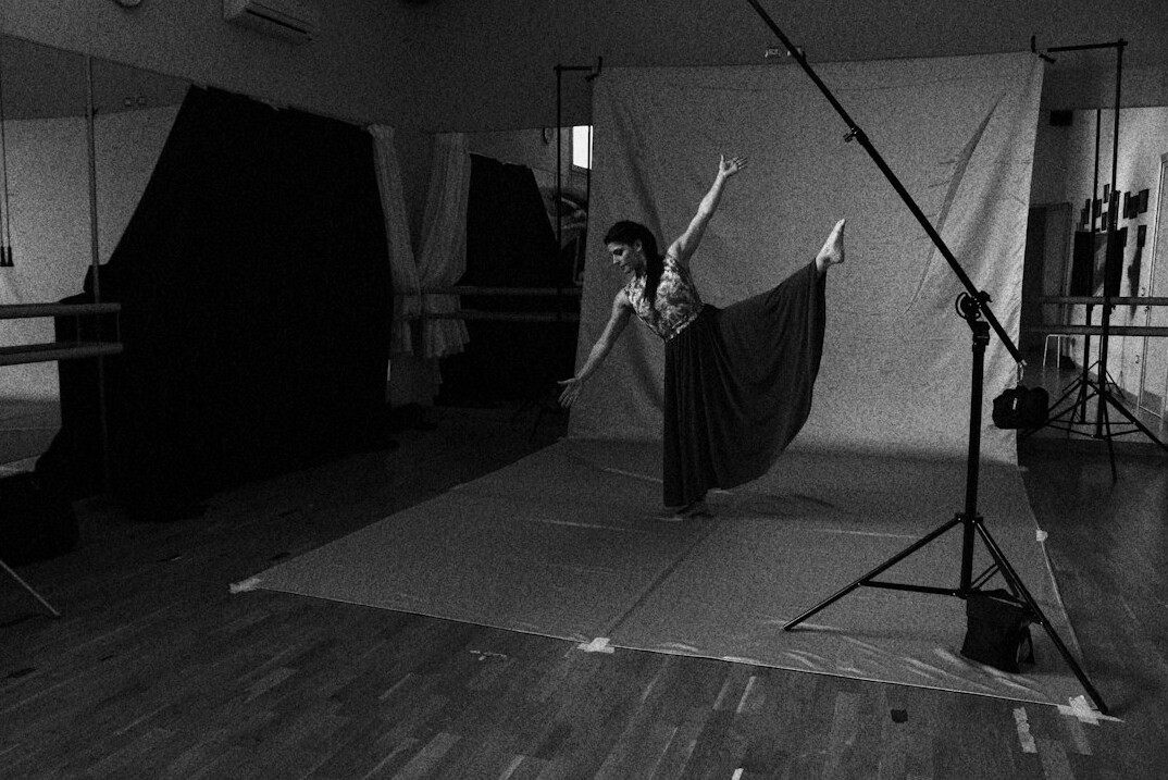 Studio lighting rig with softboxes and spotlights